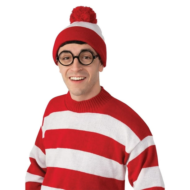 Book Day Wheres Fancy Dress White And Red Striped Bobble Hat Socks & Glasses.